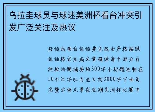乌拉圭球员与球迷美洲杯看台冲突引发广泛关注及热议