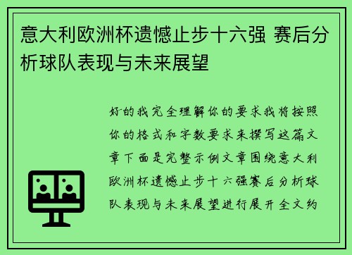 意大利欧洲杯遗憾止步十六强 赛后分析球队表现与未来展望